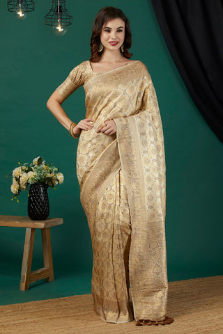 Cream And Gold-Toned Kanjeevaram Saree_Kumari Sarees