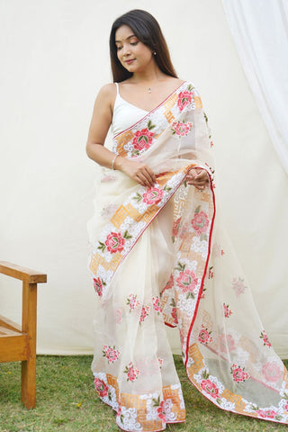 CREAM ORGANZA SILK SAREE