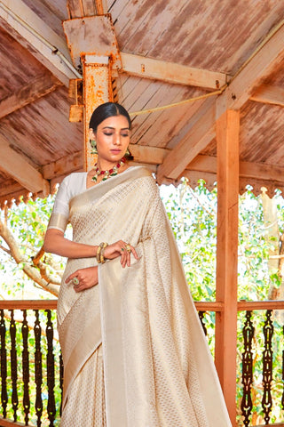 CREAM KANJEEVARAM HANDLOOM SILK SAREE 