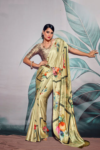 CREAM SATIN CREPE WITH DIGITAL PRINT SAREE