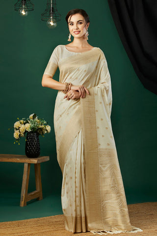 Cream Nylon Satin Weaving Jacquard Saree_Kumari Sarees