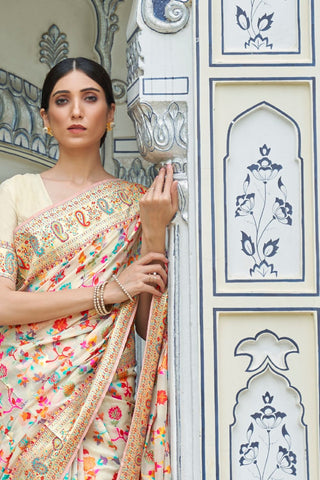 CREAM KASHMIRI MODAL HANDLOOM WEAVING SILK SAREE