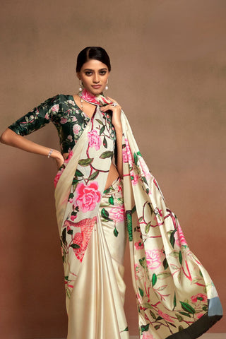 CREAM SATIN CREPE DIGITAL PRINT SAREE