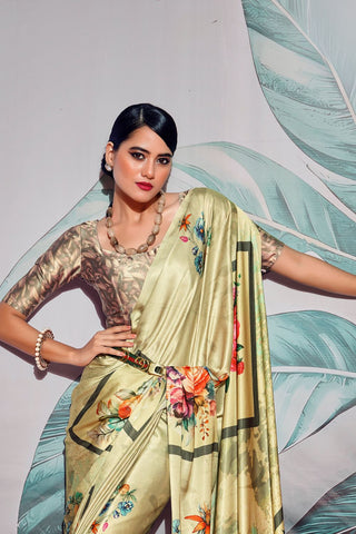 CREAM SATIN CREPE WITH DIGITAL PRINT SAREE