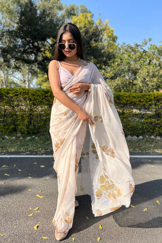 Cream Chiffon Silk Saree