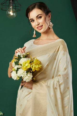 Cream Nylon Satin Weaving Jacquard Saree_Kumari Sarees