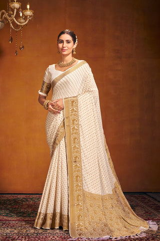 Cream Chinon Silk Saree_Kumari Sarees