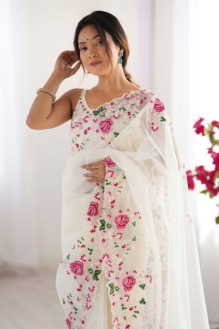 Cream Twill Net With Multi Embroidery Work Silk Saree