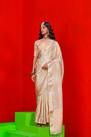 Cream Pure Viscose Zari Tissue Saree_Kumari Sarees