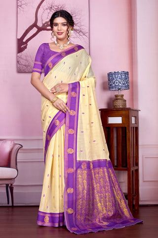 Cream Pure Handloom Cotton With Gold Zari Silk Saree_Kumari Sarees