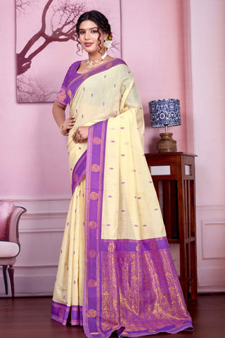 Cream Pure Handloom Cotton With Gold Zari Silk Saree_Kumari Sarees
