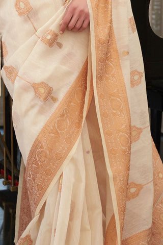 CREAM PURE LINEN SILK SAREE