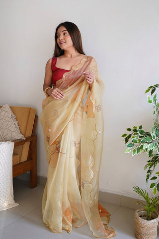 CREAM ORGANZA SILK SAREE