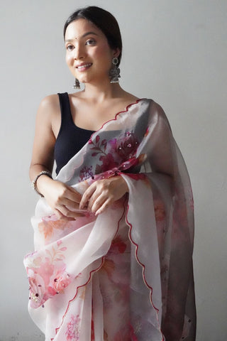 CREAM ORGANZA HANDWORK DIGITAL PRINT SAREE