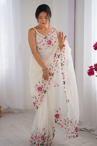 Cream Twill Net With Multi Embroidery Work Silk Saree
