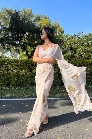 Cream Chiffon Silk Saree