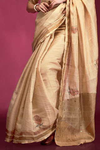 Cream Tussar Saree with Hand based Work