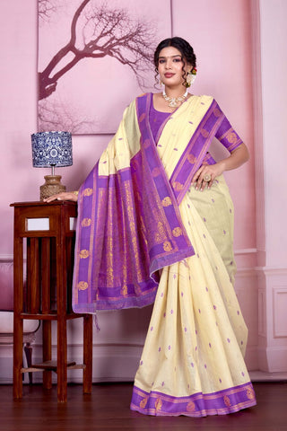 Cream Pure Handloom Cotton With Gold Zari Silk Saree_Kumari Sarees