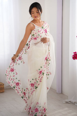 Cream Twill Net With Multi Embroidery Work Silk Saree