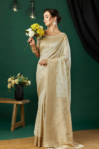 Cream Nylon Satin Weaving Jacquard Saree_Kumari Sarees