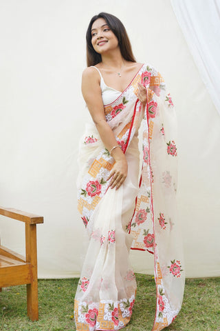 CREAM ORGANZA SILK SAREE