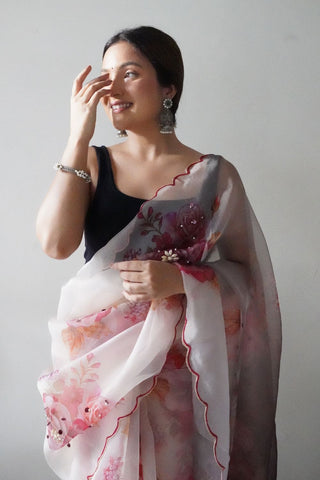 CREAM ORGANZA HANDWORK DIGITAL PRINT SAREE