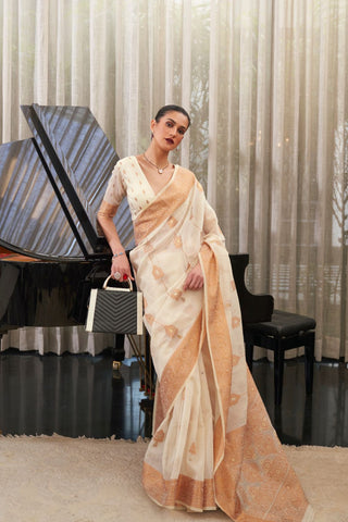 CREAM PURE LINEN SILK SAREE