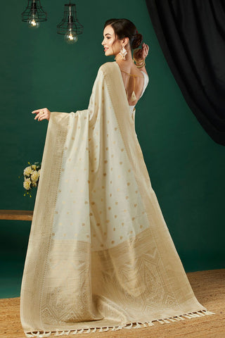 Cream Nylon Satin Weaving Jacquard Saree_Kumari Sarees