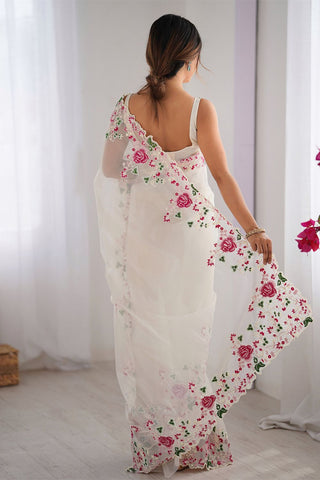 Cream Twill Net With Multi Embroidery Work Silk Saree