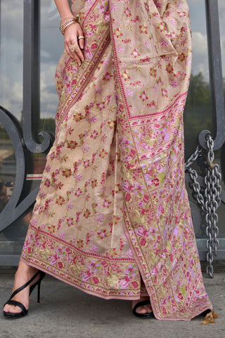 Cream Organza Parsi Handloom Weaving Silk Saree