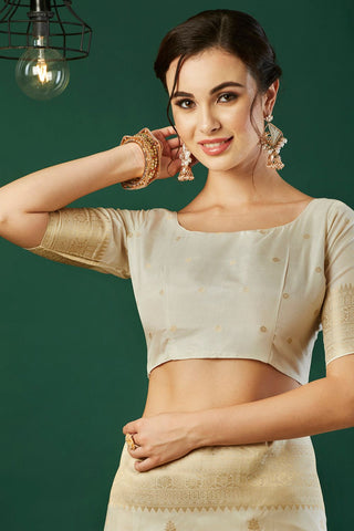 Cream Nylon Satin Weaving Jacquard Saree_Kumari Sarees