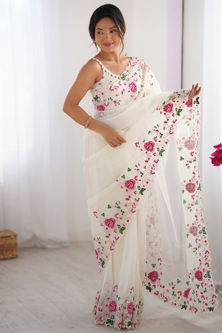 Cream Twill Net With Multi Embroidery Work Silk Saree