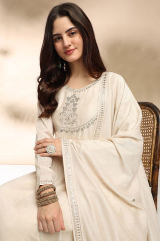 Cream Plain Silk Embroidery Kurta Set_Kumari Sarees