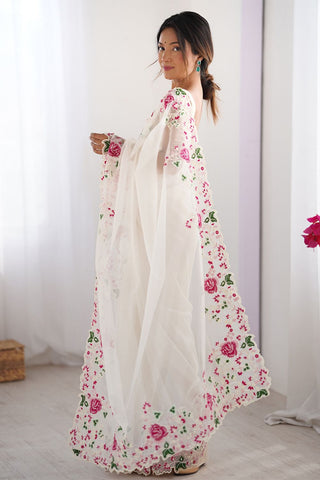Cream Twill Net With Multi Embroidery Work Silk Saree