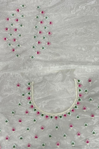 Cream Twill Net With Multi Embroidery Work Silk Saree