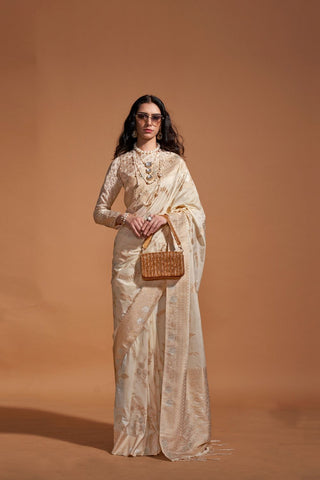 Cream Pure Georgette Handloom Weaving Silk Saree