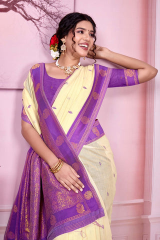 Cream Pure Handloom Cotton With Gold Zari Silk Saree_Kumari Sarees