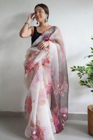 Cream Organza Handwork Digital Print Saree_Kumari Sarees