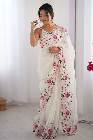 Cream Twill Net With Multi Embroidery Work Silk Saree