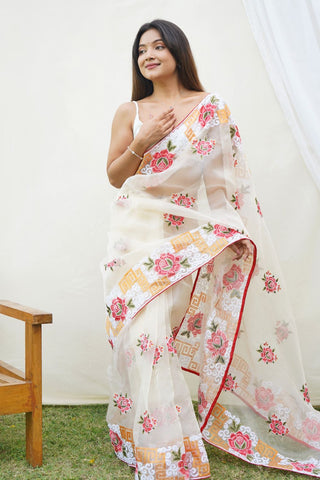 CREAM ORGANZA SILK SAREE