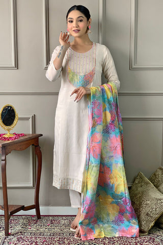 Cream Simar Chinon Embroidery Kurta Set_Kumari Sarees