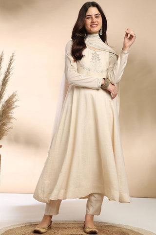 Cream Plain Silk Embroidery Kurta Set_Kumari Sarees