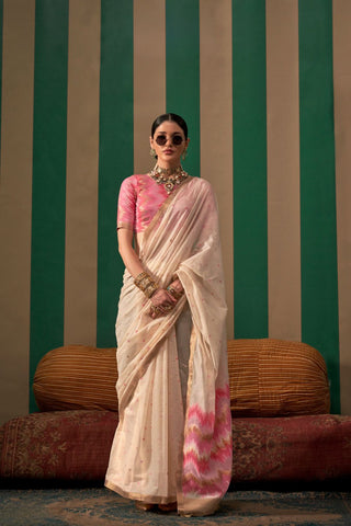 Cream Spun Handloom Weaving Silk Saree