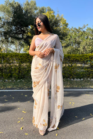 Cream Chiffon Silk Saree