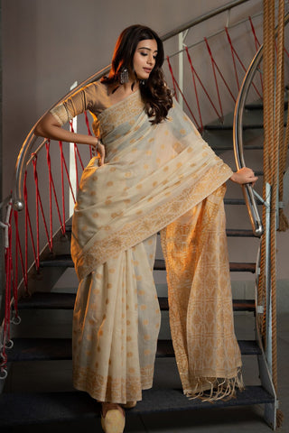 Cream Soft Cotton Jamdani Saree