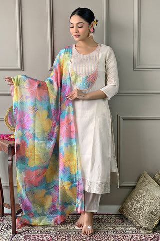 Cream Simar Chinon Embroidery Kurta Set_Kumari Sarees