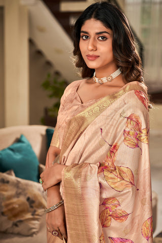 Cream Silk Digital Print Saree