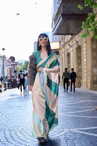 Cream & Teal Green Digital Print Satin Crepe Saree