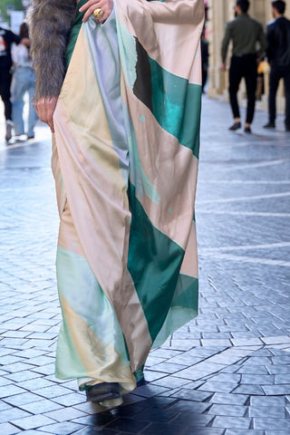 Cream & Teal Green Digital Print Satin Crepe Saree