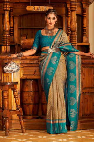 Cream & Blue Soft Banarasi Paithani Saree